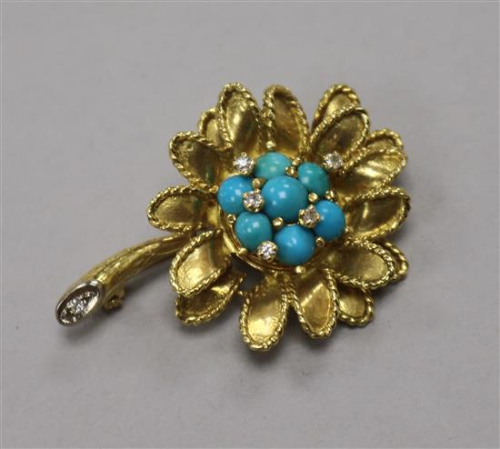 A 1960s 18ct gold, turquoise and diamond set flower brooch, 41mm.